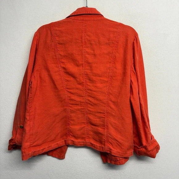 Chico’s 100% Linen Jacket Orange 2 / Medium Roll Sleeve - Picture 2 of 8